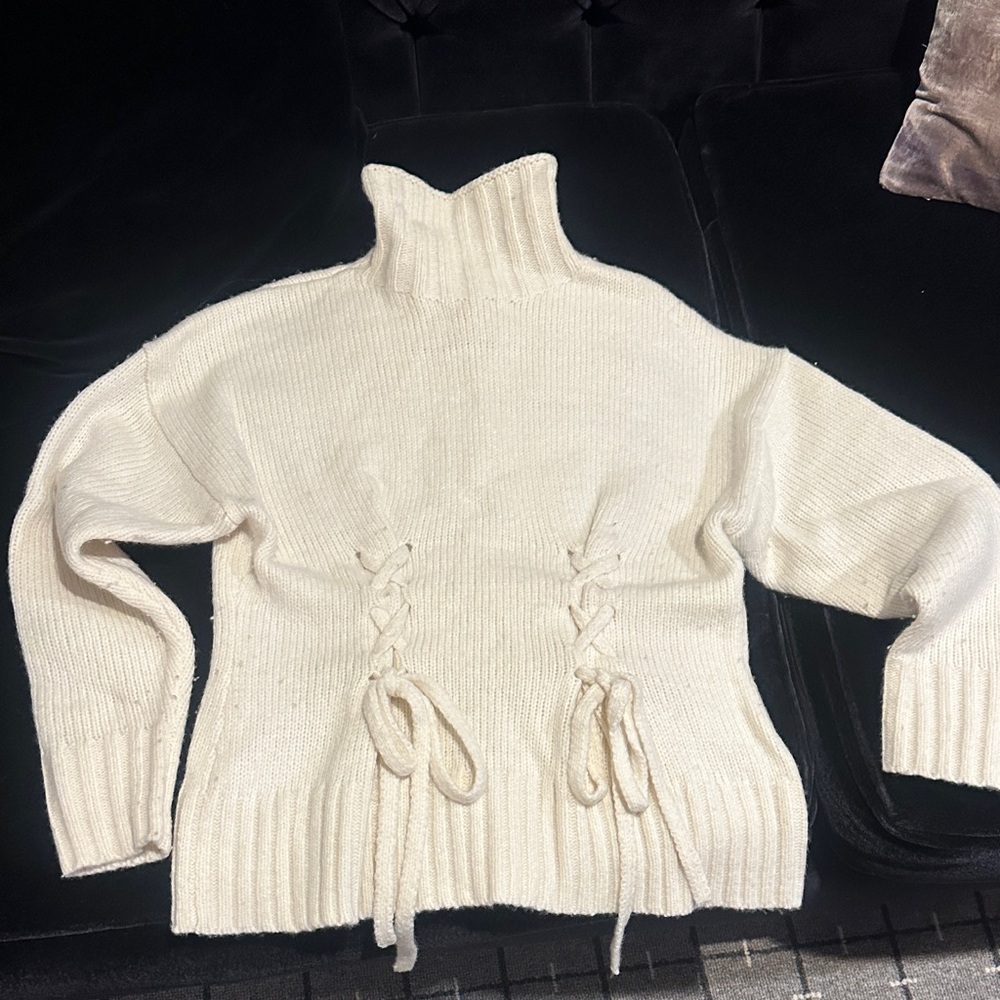 Cinq à Sept Cream Turtleneck Sweater with Lace-Up Detail